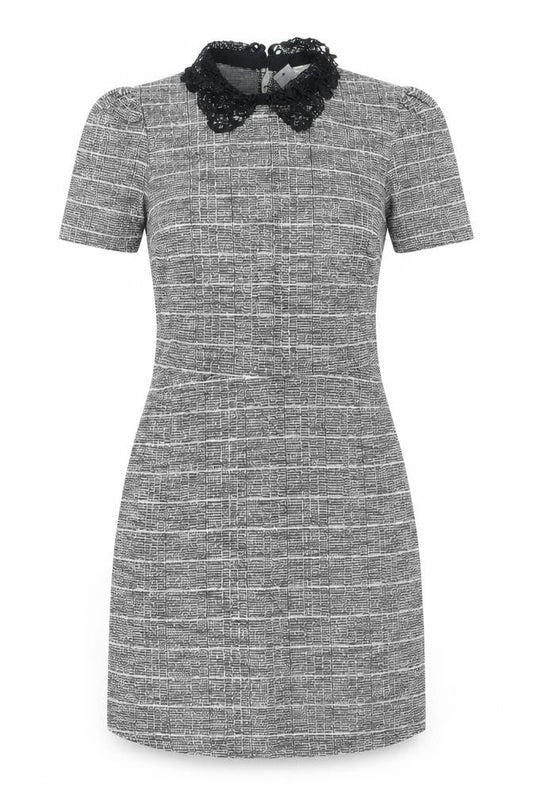 River Island Women Grey Check Shift Dress Size 12 Short Sleeve Lace Collar