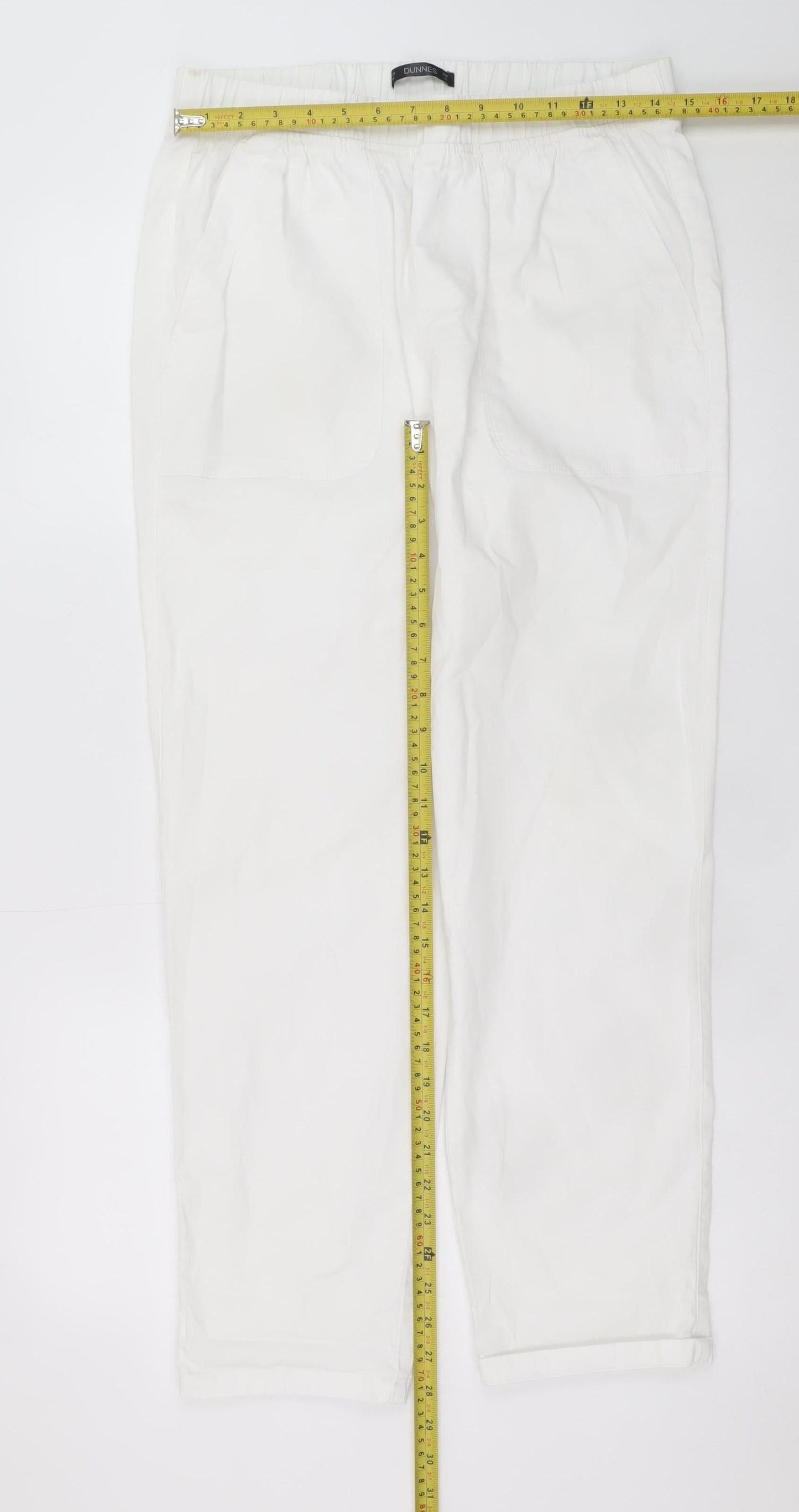 Dunnes Women White Cotton Elastic Waist Straight Leg Trousers M