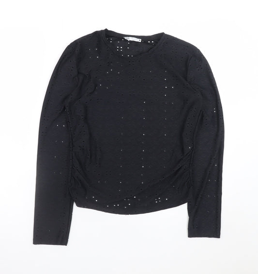 Zara Women Black Long Sleeve Cotton Blend Eyelet T-Shirt M