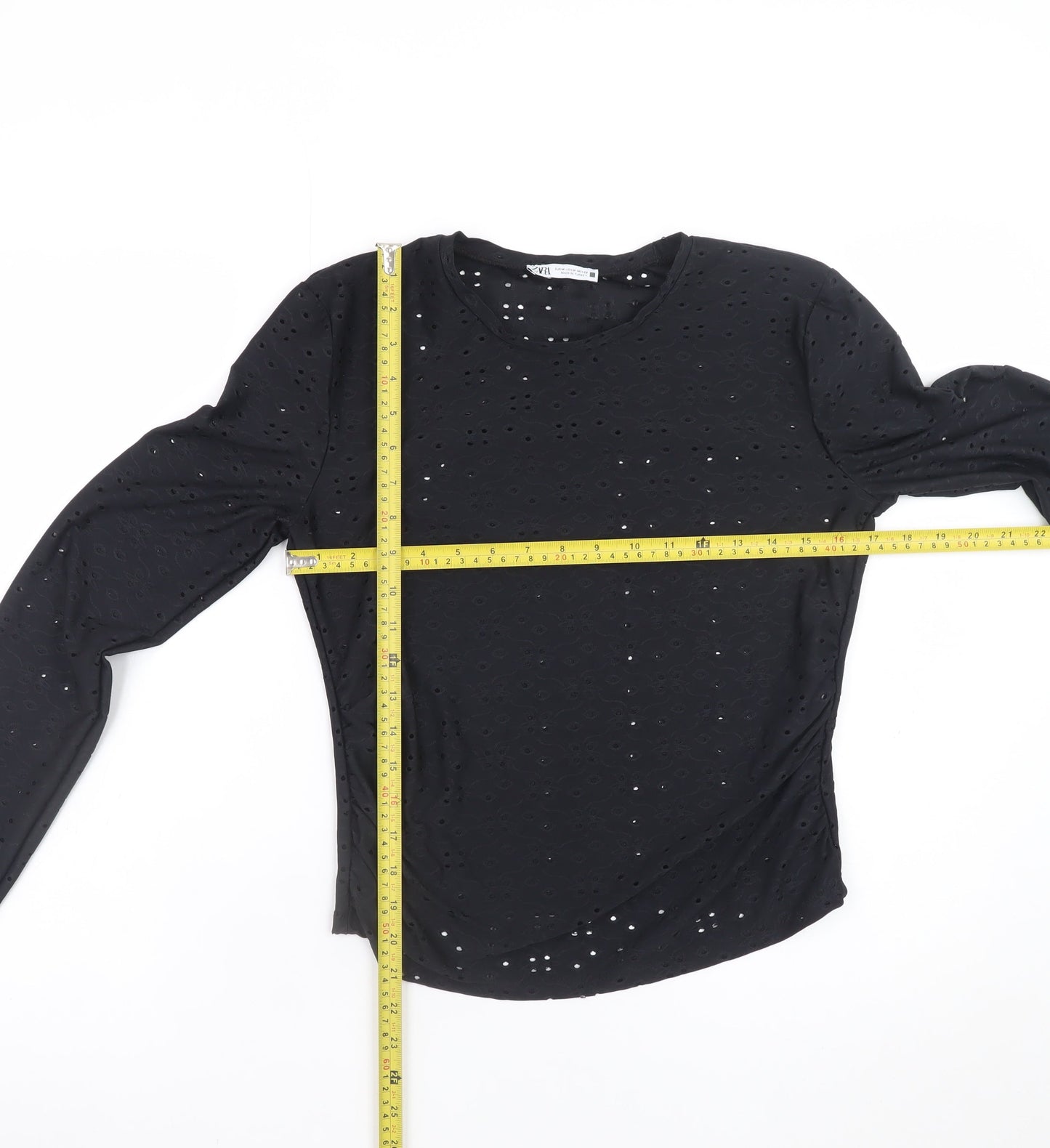 Zara Women Black Long Sleeve Cotton Blend Eyelet T-Shirt M