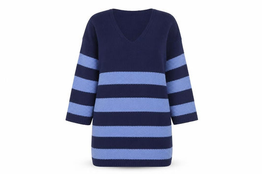 Nova Notte Women's Blue Striped V-Neck Knit Jumper Dress S