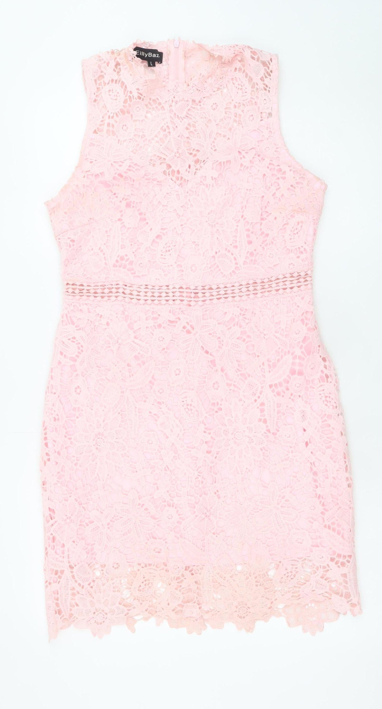 EillyBazar Women's Pink Lace Sleeveless Bodycon Short Dress L
