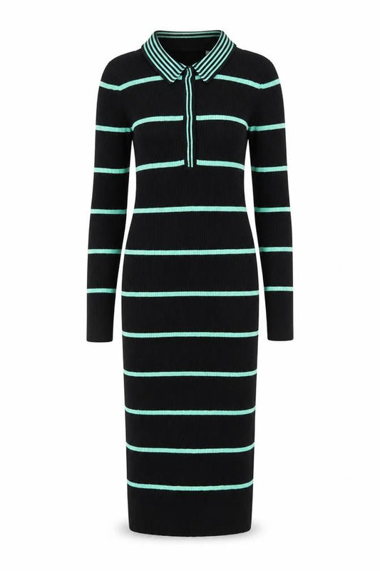 Collusion Women's Black Green Striped Collared Midi Shirt Dress Size 6