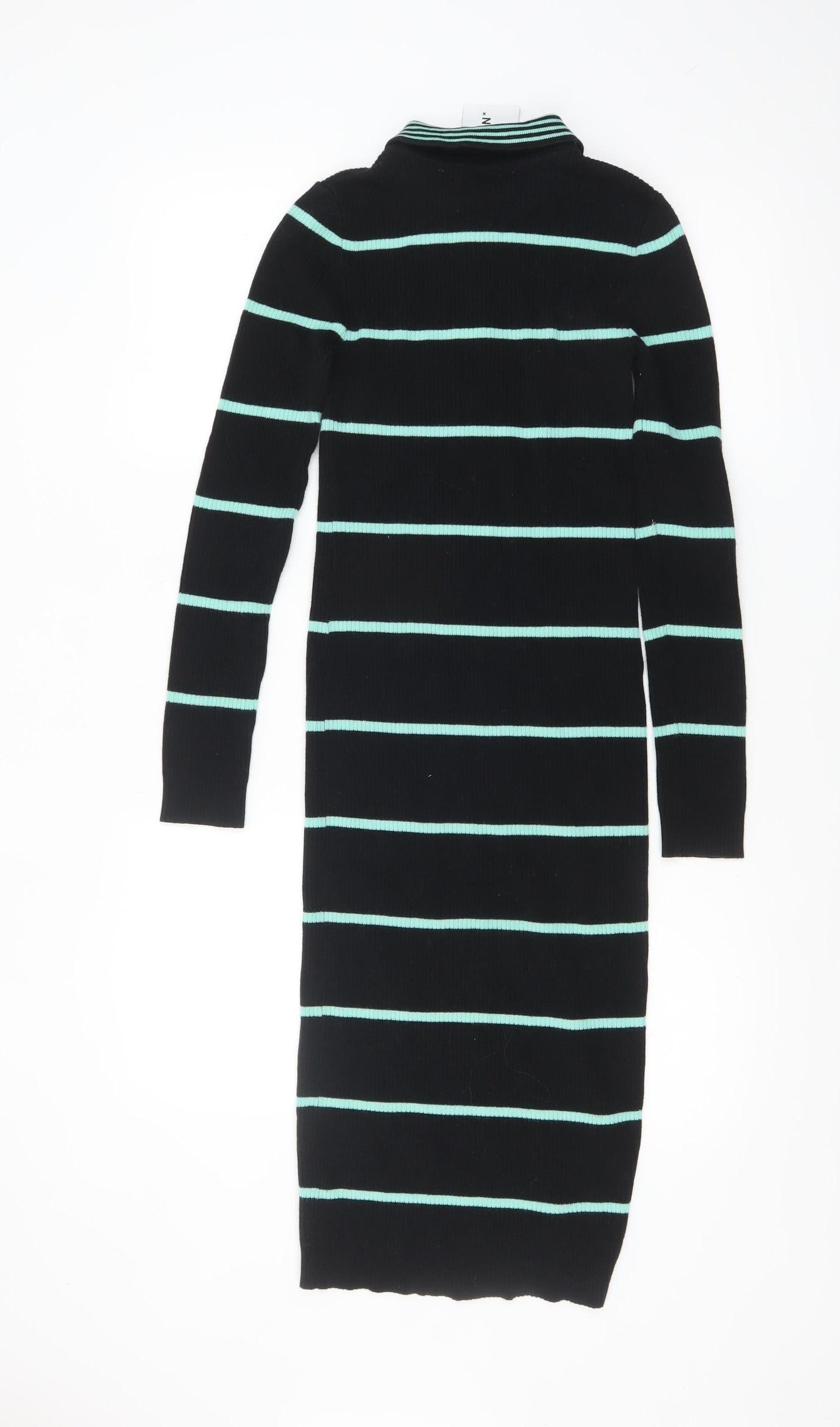Collusion Women's Black Green Striped Collared Midi Shirt Dress Size 6