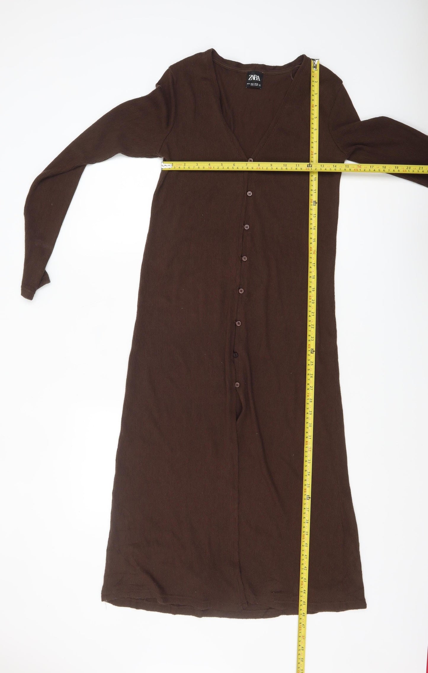 Zara Women Brown Midi Button Front Long Sleeve Knit Bodycon Dress Size S
