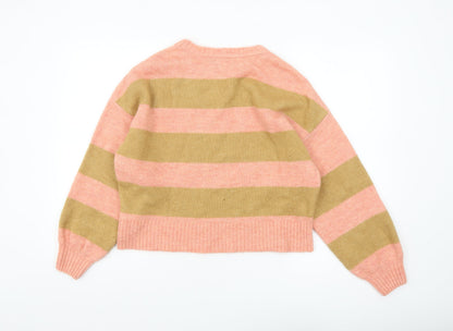 Close-up detail of ASOS Women’s Multicoloured Striped Knit Crew Neck jumper, size UK 4