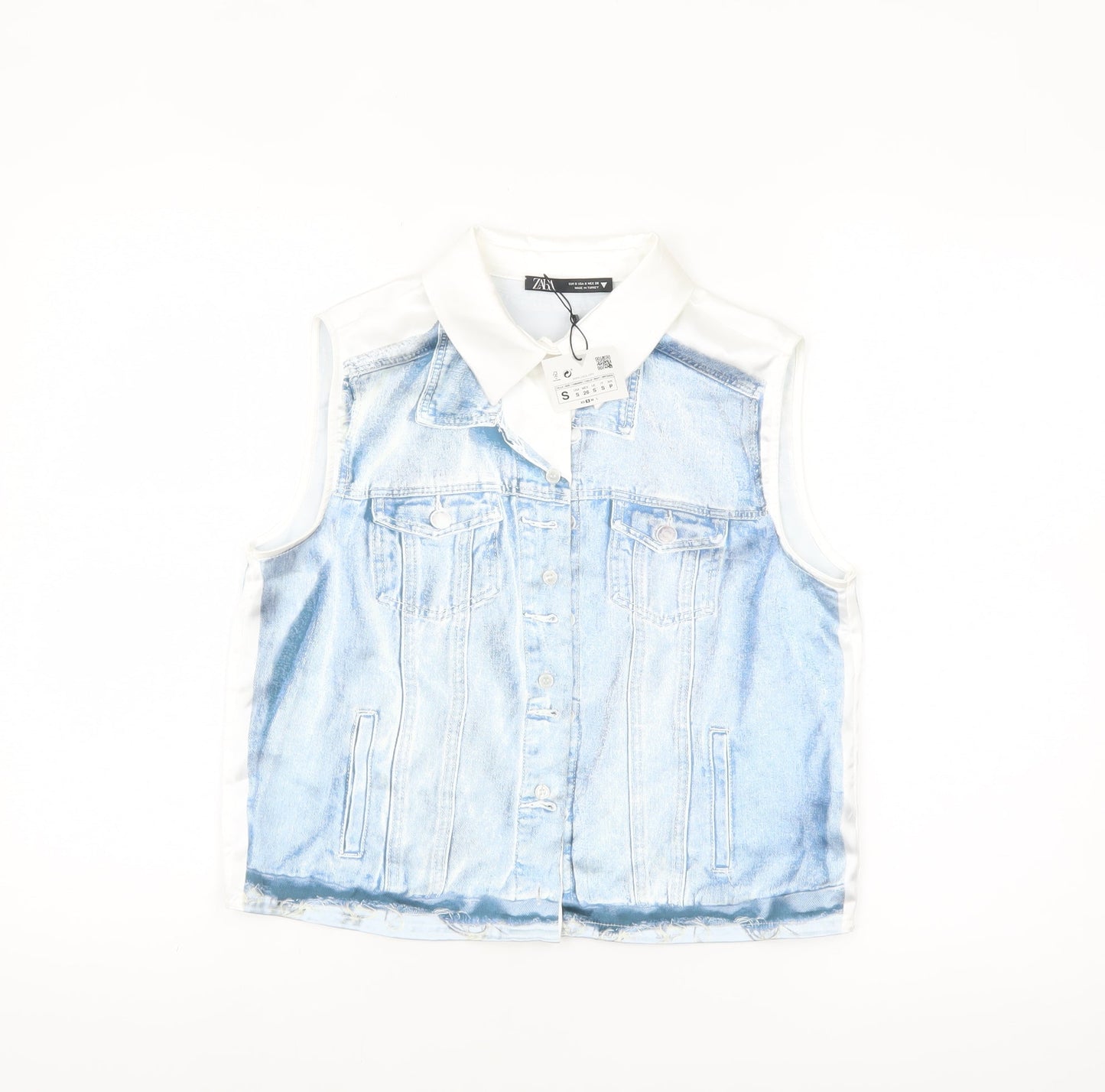 ZARA Women Blue Collared Sleeveless Cropped Button-Up Top Size S