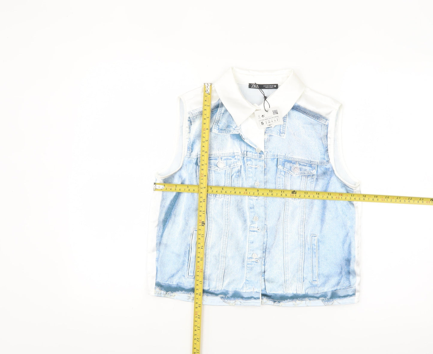 ZARA Women Blue Collared Sleeveless Cropped Button-Up Top Size S