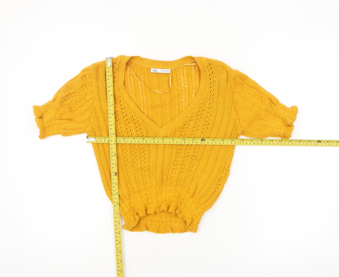 ZARA Women's Yellow Cropped Knit Cotton Blouse Size S V-Neck Short Sleeve