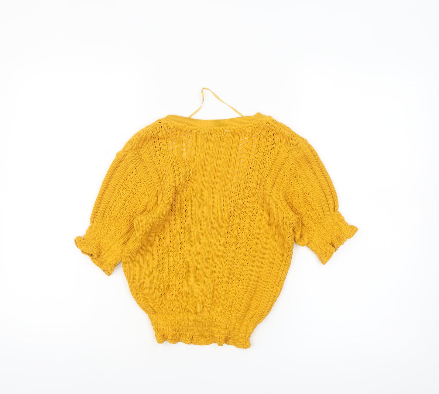 ZARA Women's Yellow Cropped Knit Cotton Blouse Size S V-Neck Short Sleeve