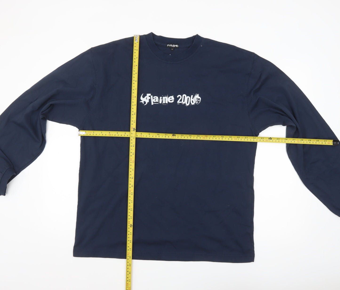 Pyramid Mens Blue Long Sleeve 2006 Graphic Cotton Top L