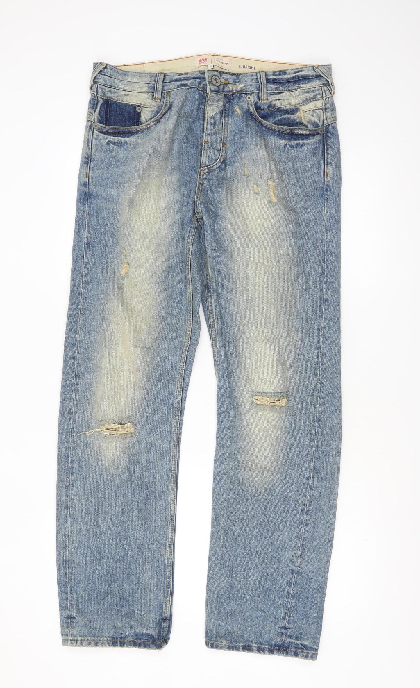 River Island Men's Blue Straight Distressed Jeans Size 32x32