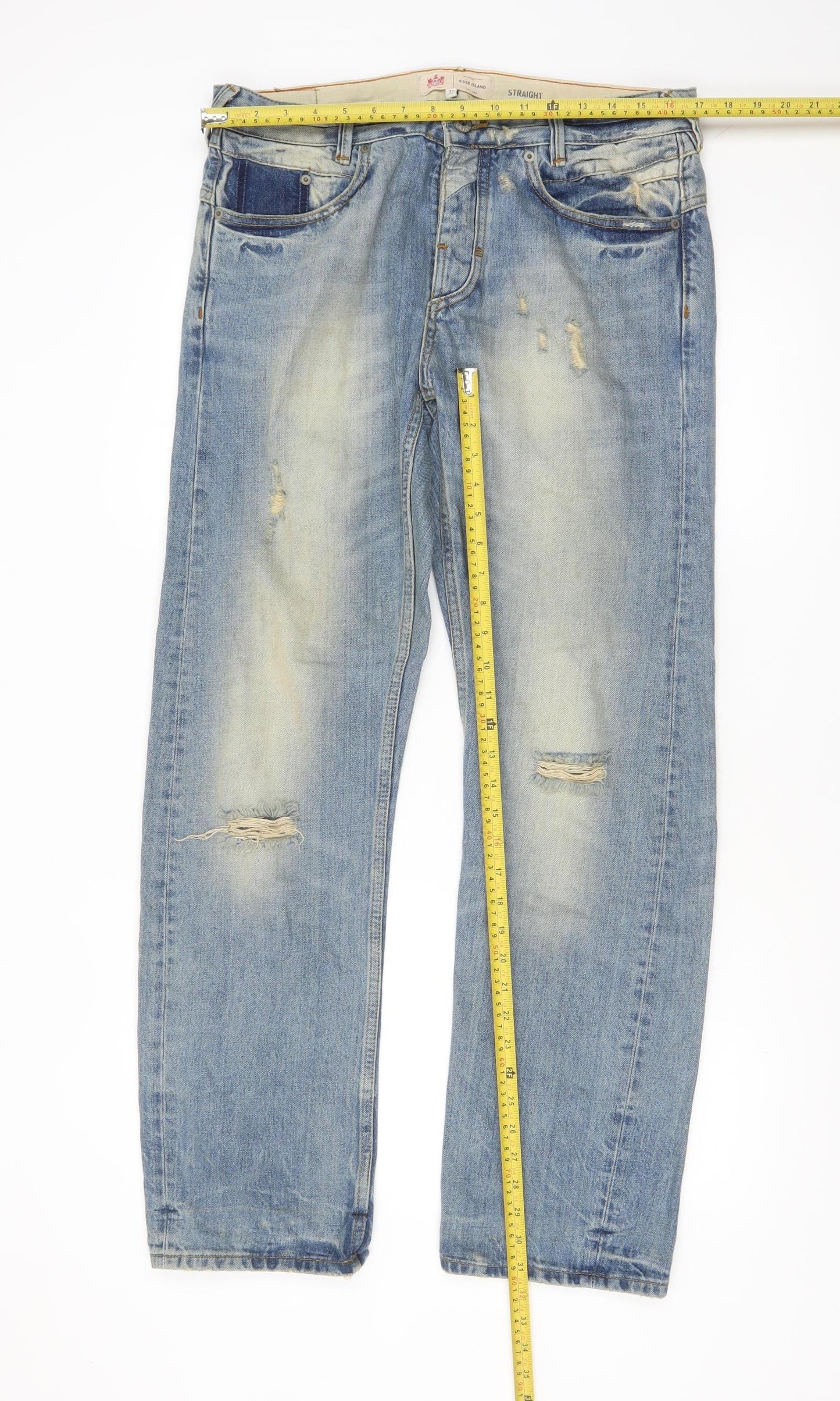 River Island Men's Blue Straight Distressed Jeans Size 32x32