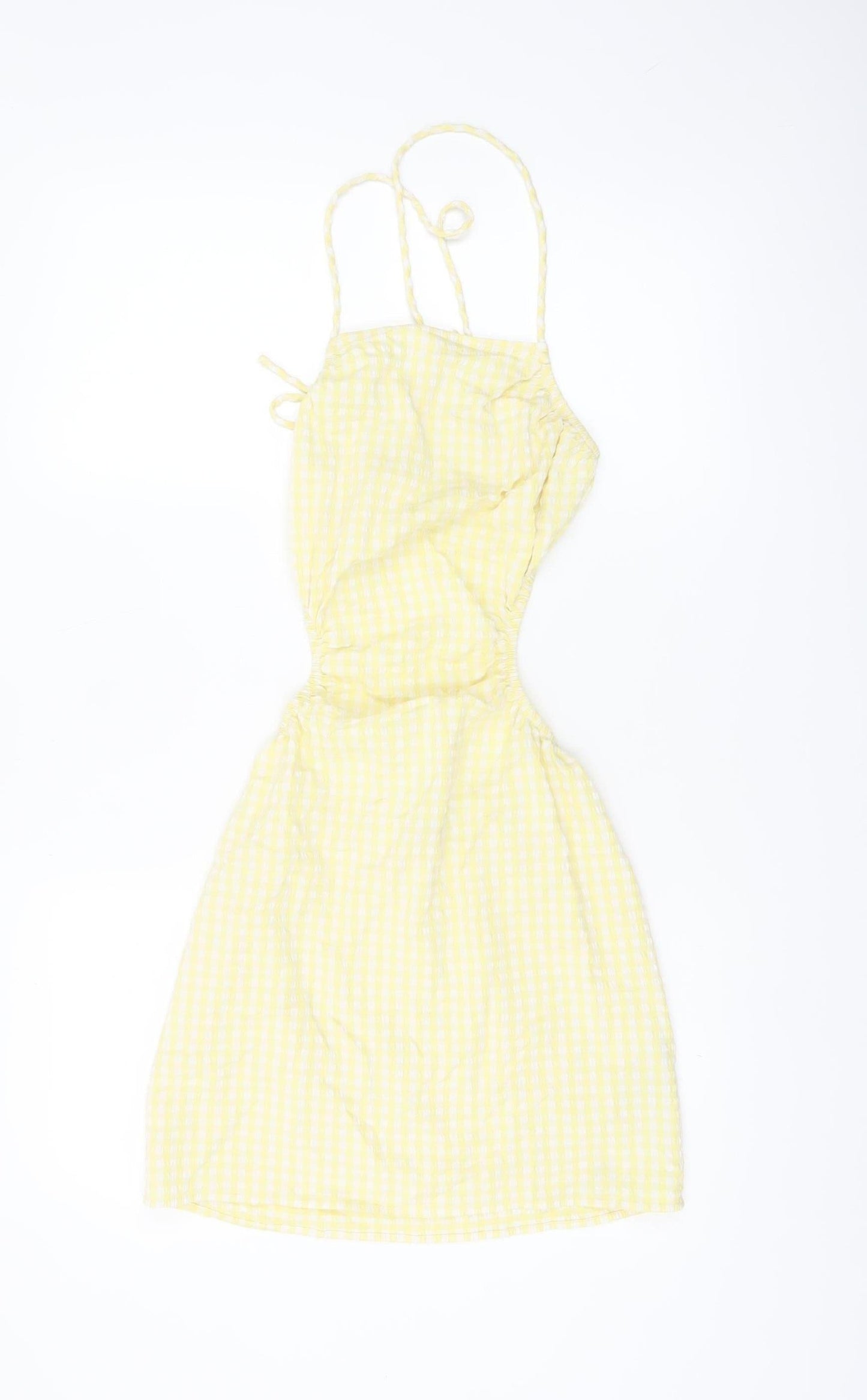 Bershka Women Yellow Check Cut Out Slip Dress Size S
