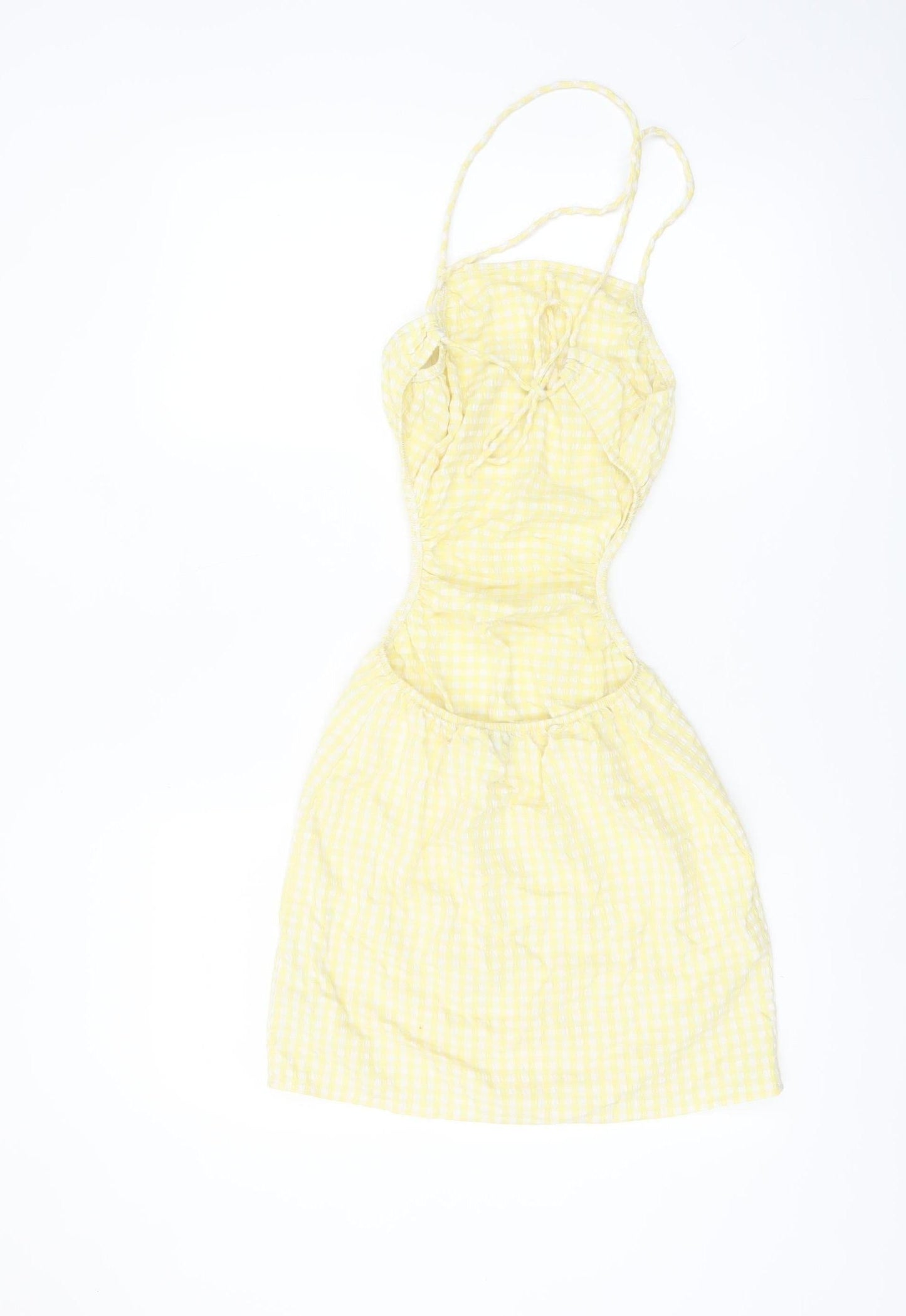 Bershka Women Yellow Check Cut Out Slip Dress Size S