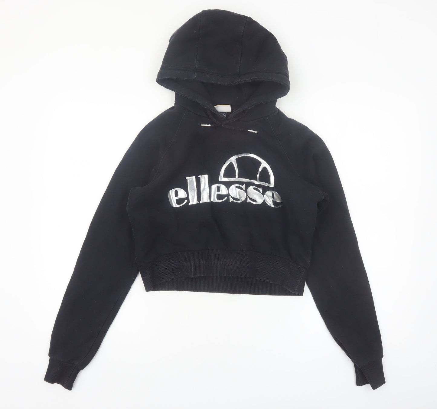 Ellesse Women's Black Crop Hoodie UK 8 Logo Pullover Sweatshirt