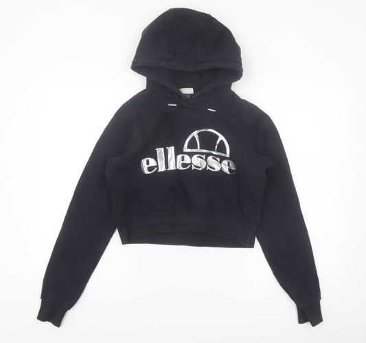 Ellesse Women's Black Crop Hoodie UK 8 Logo Pullover Sweatshirt