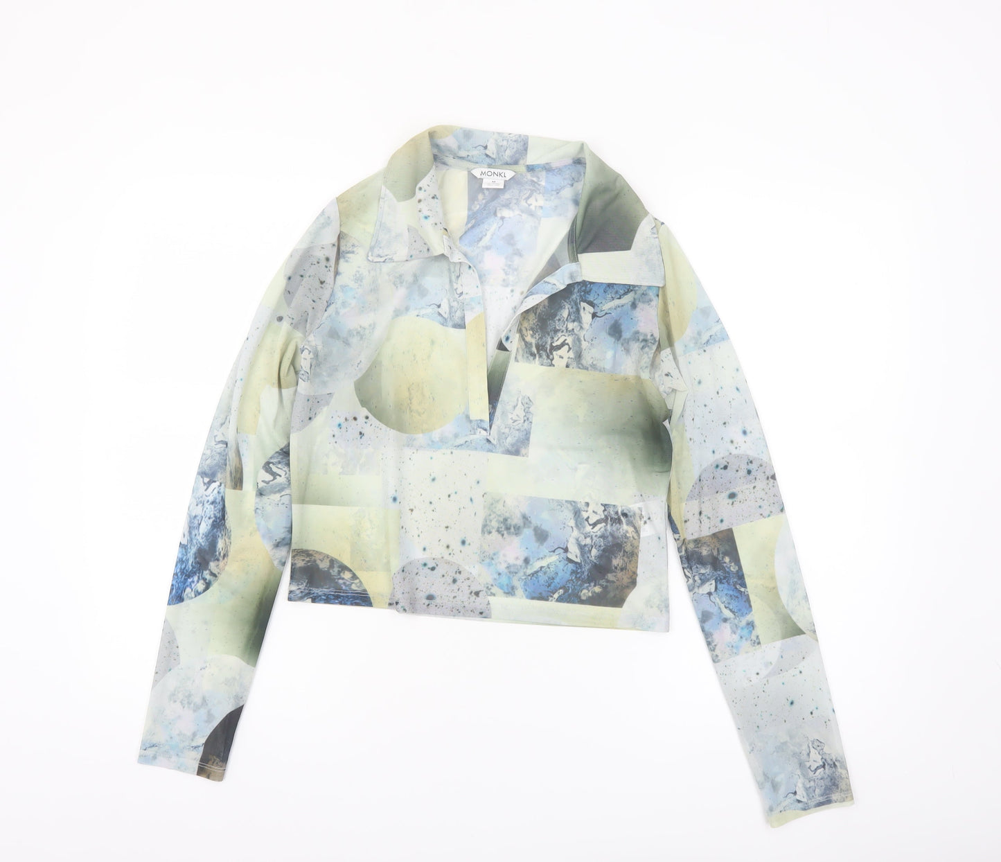 Monki Women Multicoloured Mesh Cropped Collared Long Sleeve Blouse M