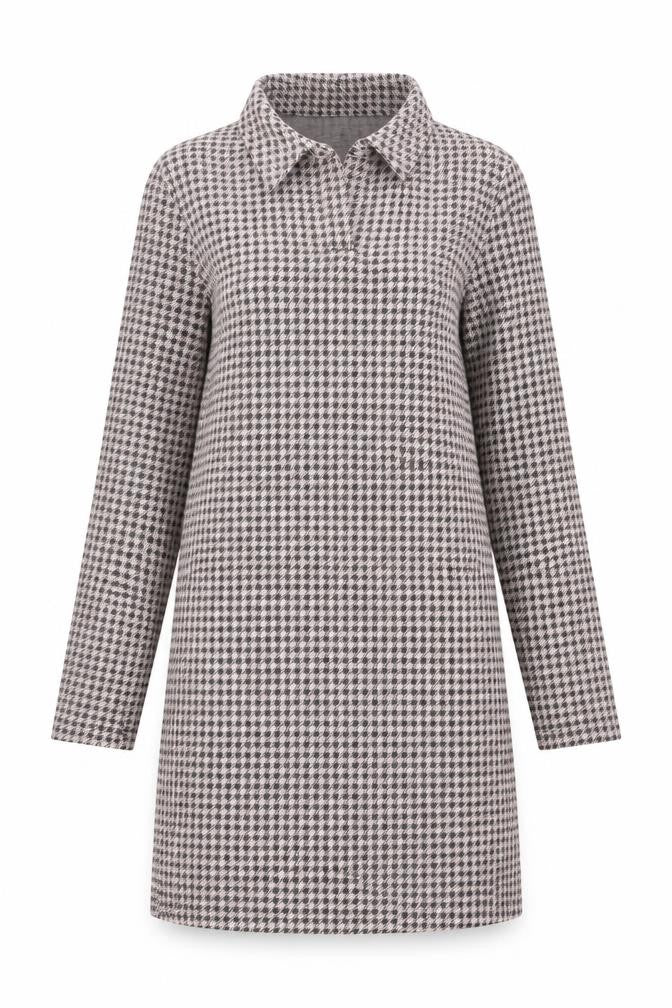 Monton Women Black & White Houndstooth Collared Long Sleeve Shift Dress UK10