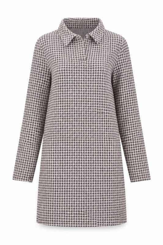 Monton Women Black & White Houndstooth Collared Long Sleeve Shift Dress UK10