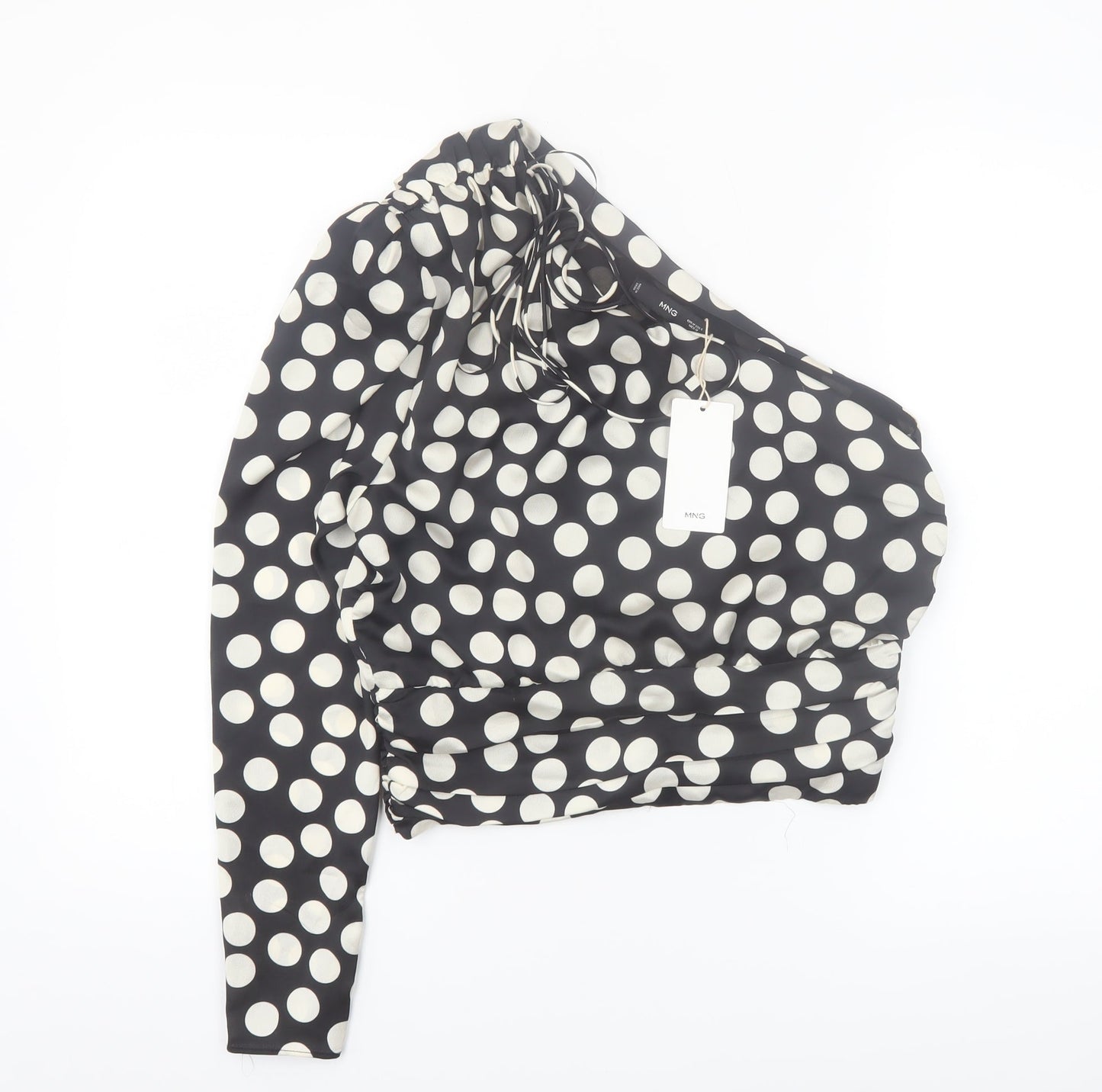 MNG Women Black Polka Dot One Shoulder Cropped Blouse Size 10