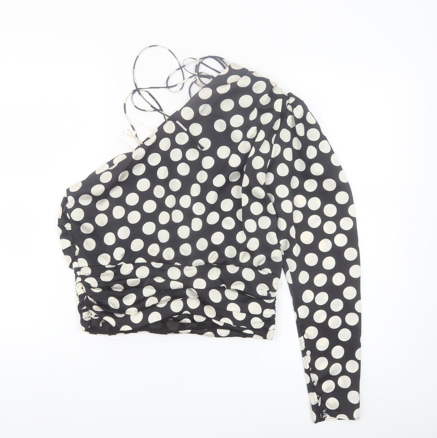MNG Women Black Polka Dot One Shoulder Cropped Blouse Size 10