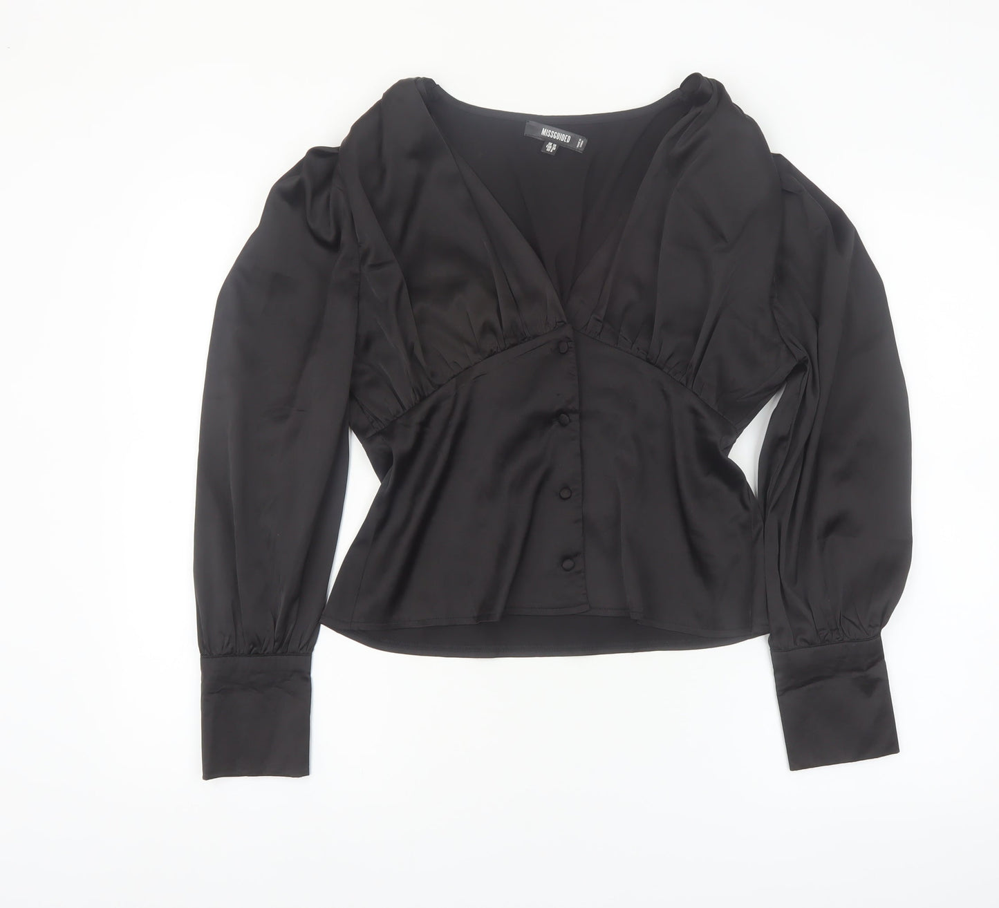 Missguided Women's Black Satin Wrap Blouse UK 10 Long Sleeve
