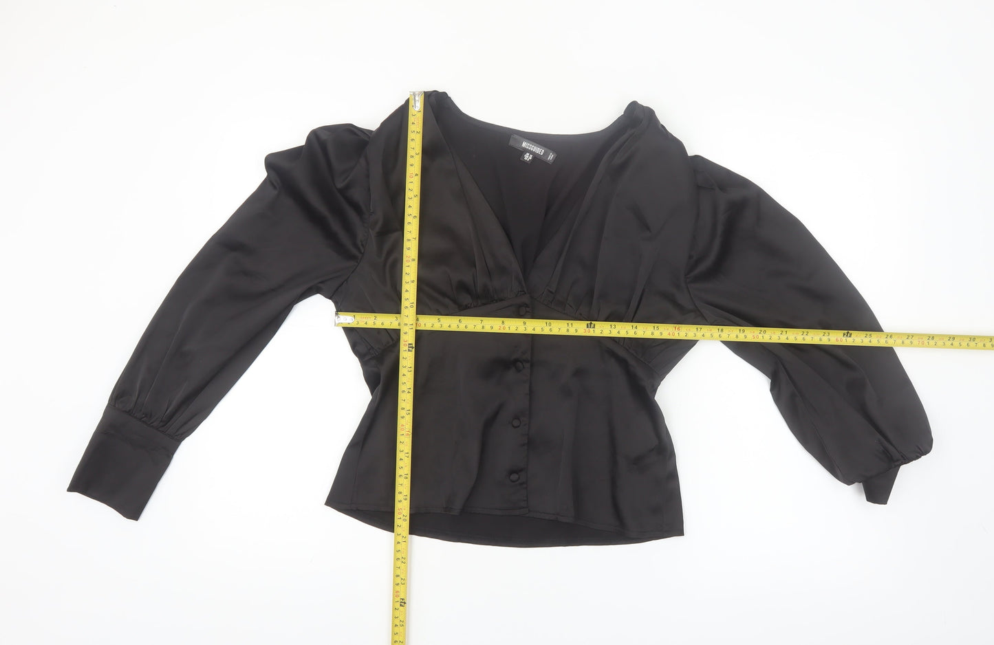 Missguided Women's Black Satin Wrap Blouse UK 10 Long Sleeve