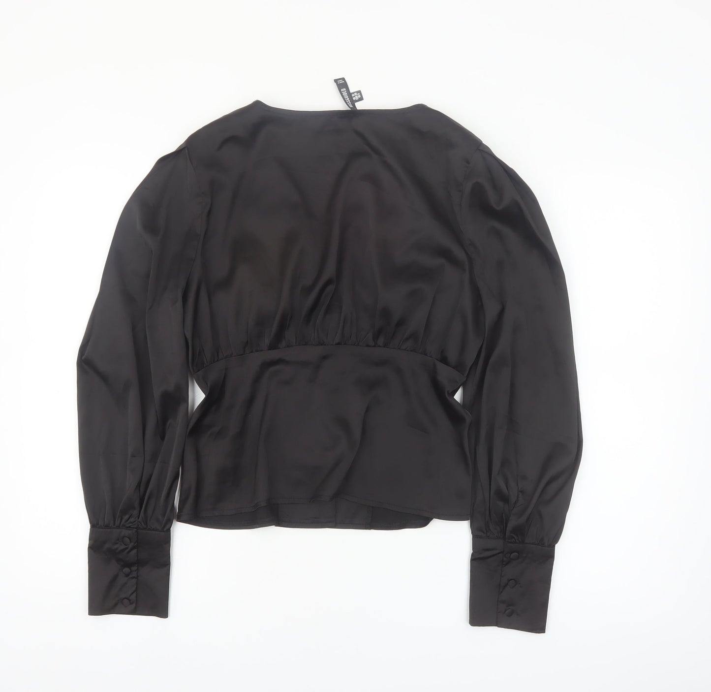 Missguided Women's Black Satin Wrap Blouse UK 10 Long Sleeve