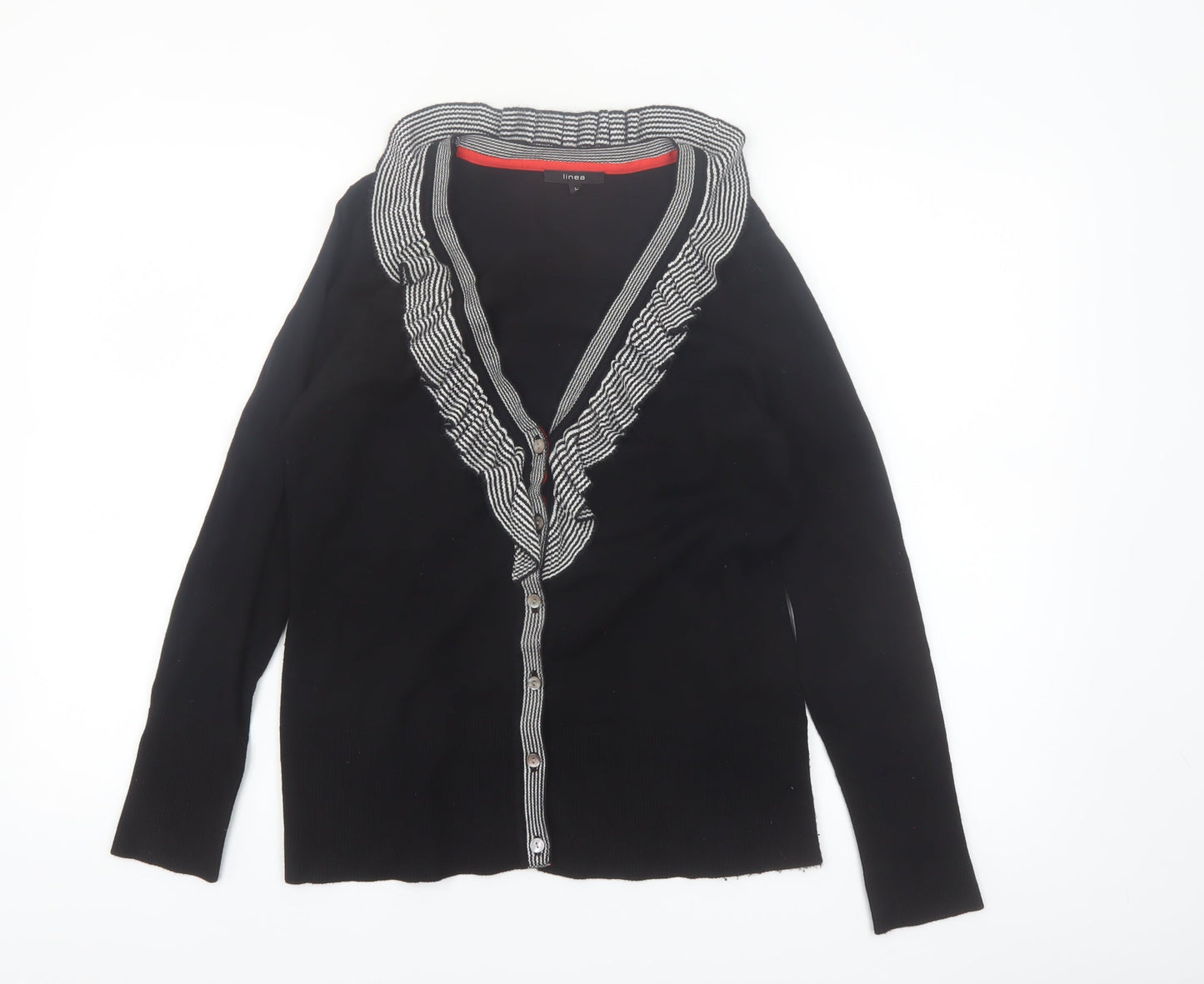 Linea Women's Black Ruffle Trim V-Neck Cardigan Size L