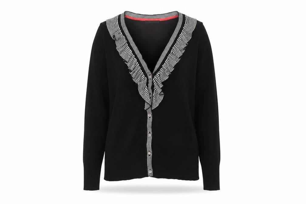 Linea Women's Black Ruffle Trim V-Neck Cardigan Size L
