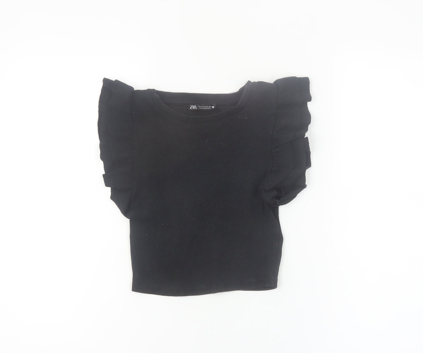 Zara Women Black Cropped Ruffle Sleeve T-Shirt Size S