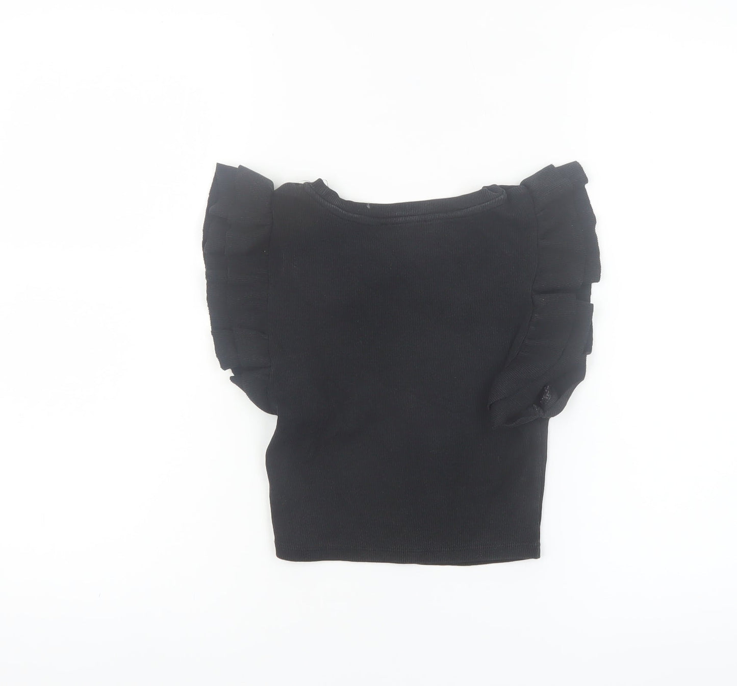 Zara Women Black Cropped Ruffle Sleeve T-Shirt Size S