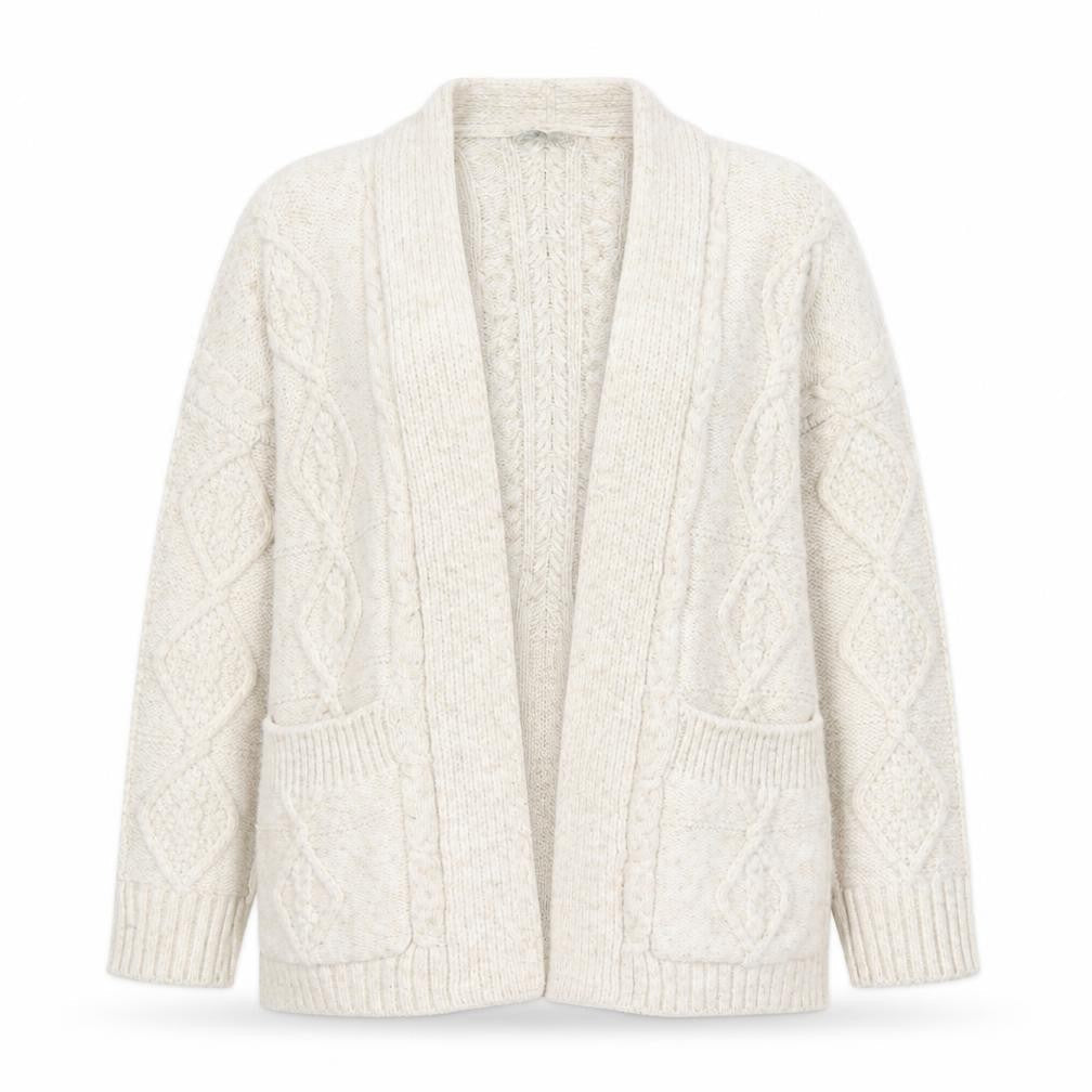 Primark Women Ivory Chunky Knit Cardigan M Cable-Knit Wool Blend