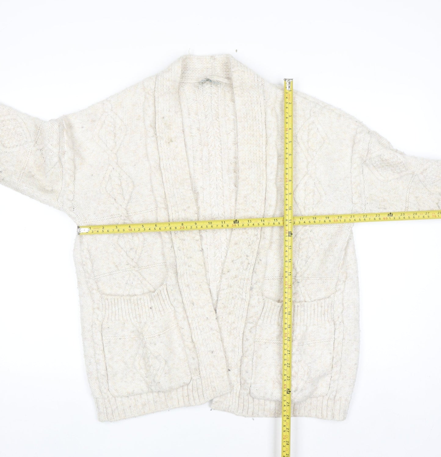 Primark Women Ivory Chunky Knit Cardigan M Cable-Knit Wool Blend