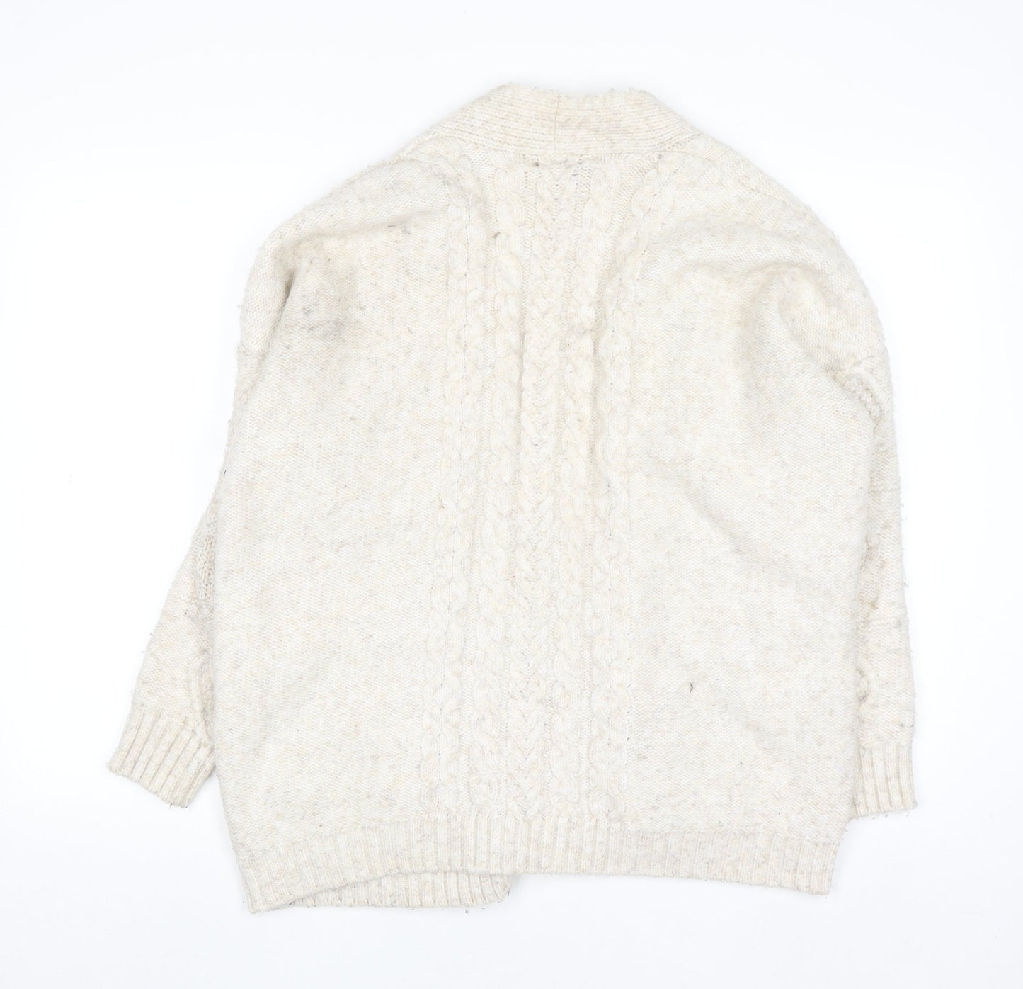 Primark Women Ivory Chunky Knit Cardigan M Cable-Knit Wool Blend