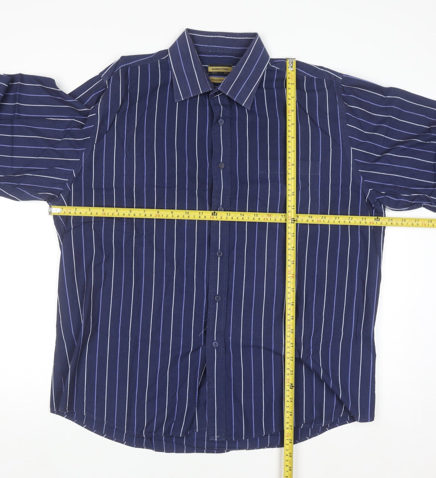 Dunnes Stores Men's Blue Striped Long Sleeve Cotton Button-Up Shirt 17in
