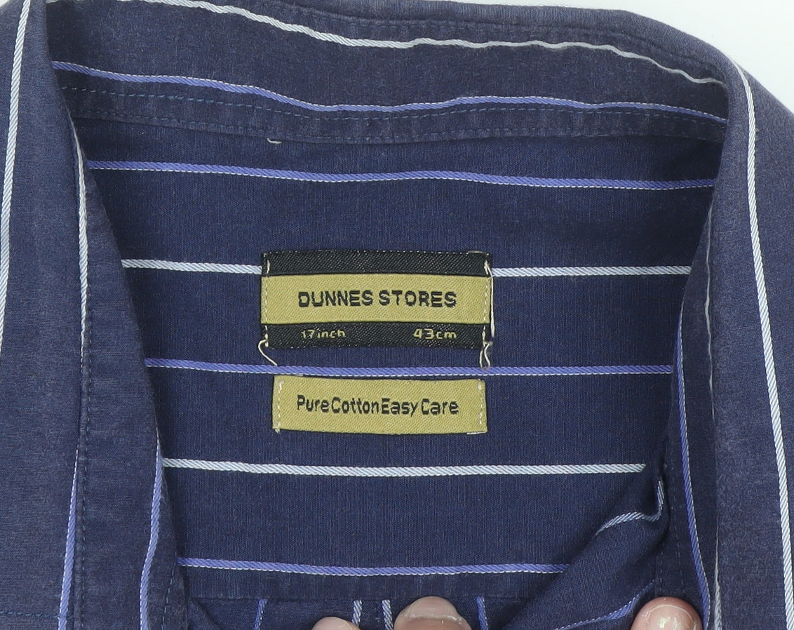 Dunnes Stores Men's Blue Striped Long Sleeve Cotton Button-Up Shirt 17in