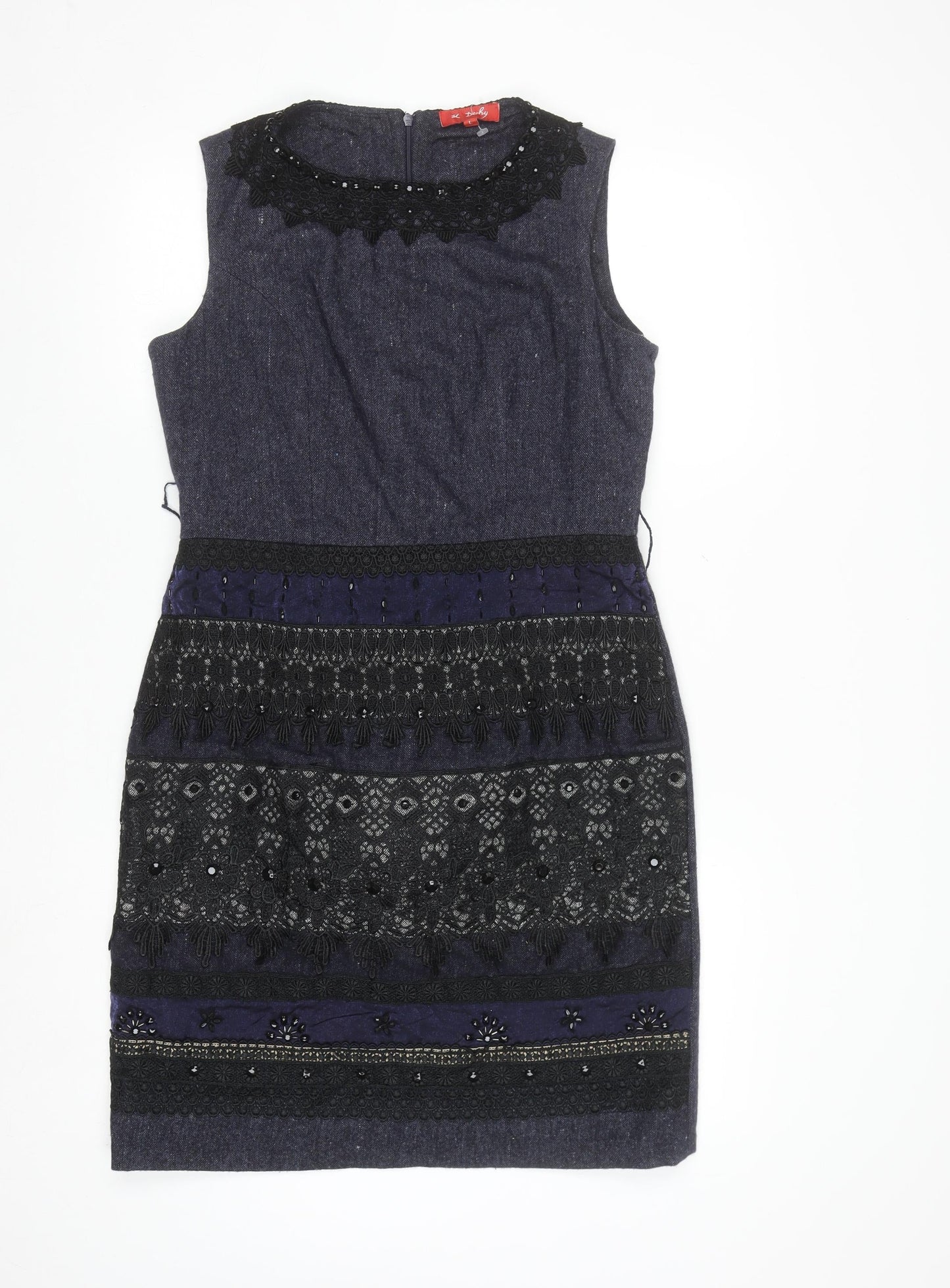 Derhy Women Blue Beaded Lace Sheath Dress Size L