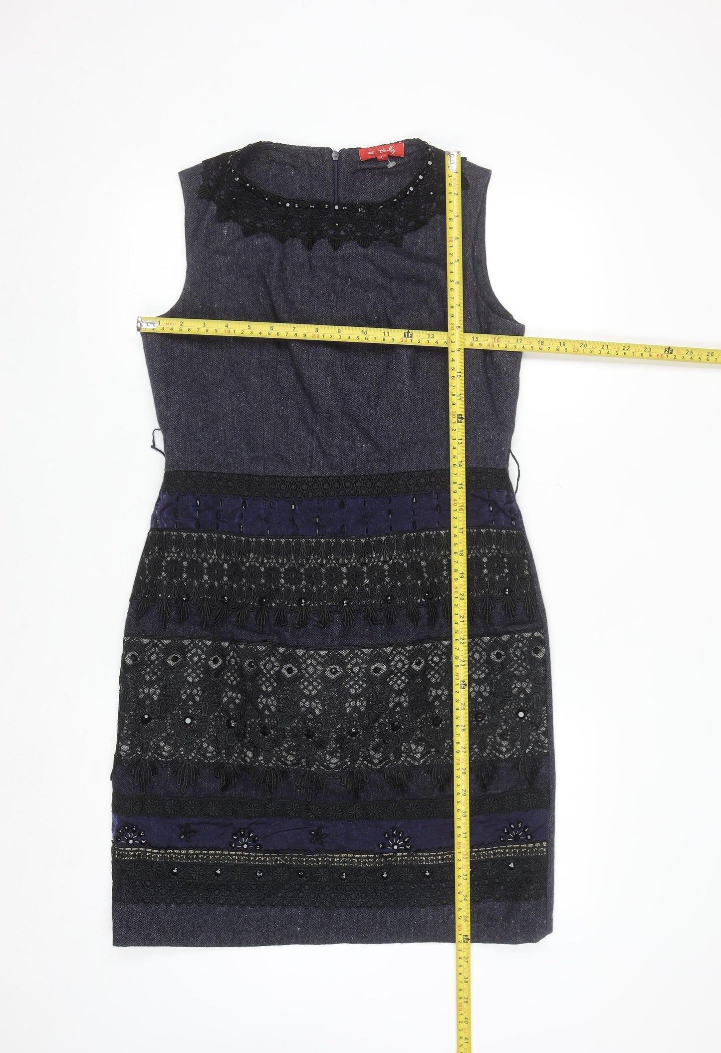 Derhy Women Blue Beaded Lace Sheath Dress Size L