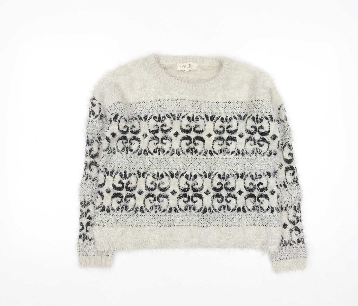 New Look Women Ivory Fair Isle Fluffy Knit Jumper Size 12