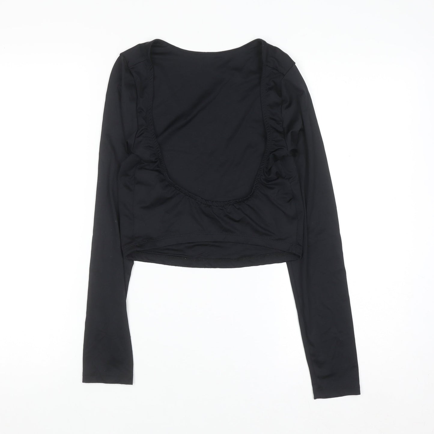 Bershka Women Black Cropped Long Sleeve Scoop Neck Top Size 14