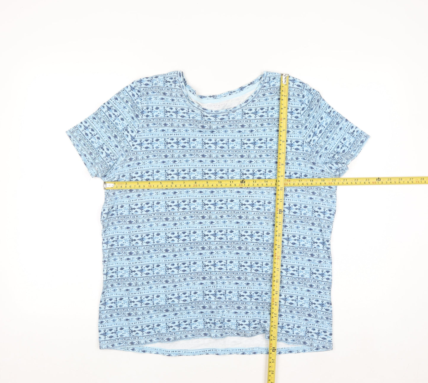 Laura Scott Women's Blue Floral Cotton Short Sleeve T-Shirt L