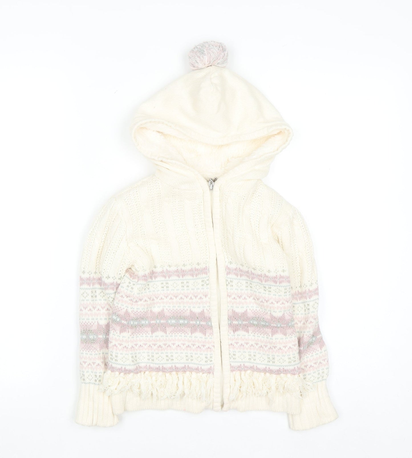 Nula Bug Girls Ivory Fair Isle Hooded Knit Jacket 3-4 Years Lined Zip Up