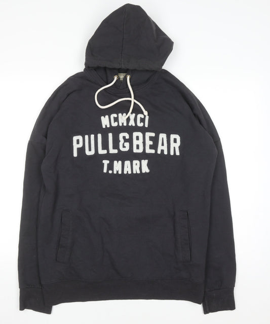 PULL&BEAR Men’s Black Pullover Hoodie L Logo Graphic Sweatshirt