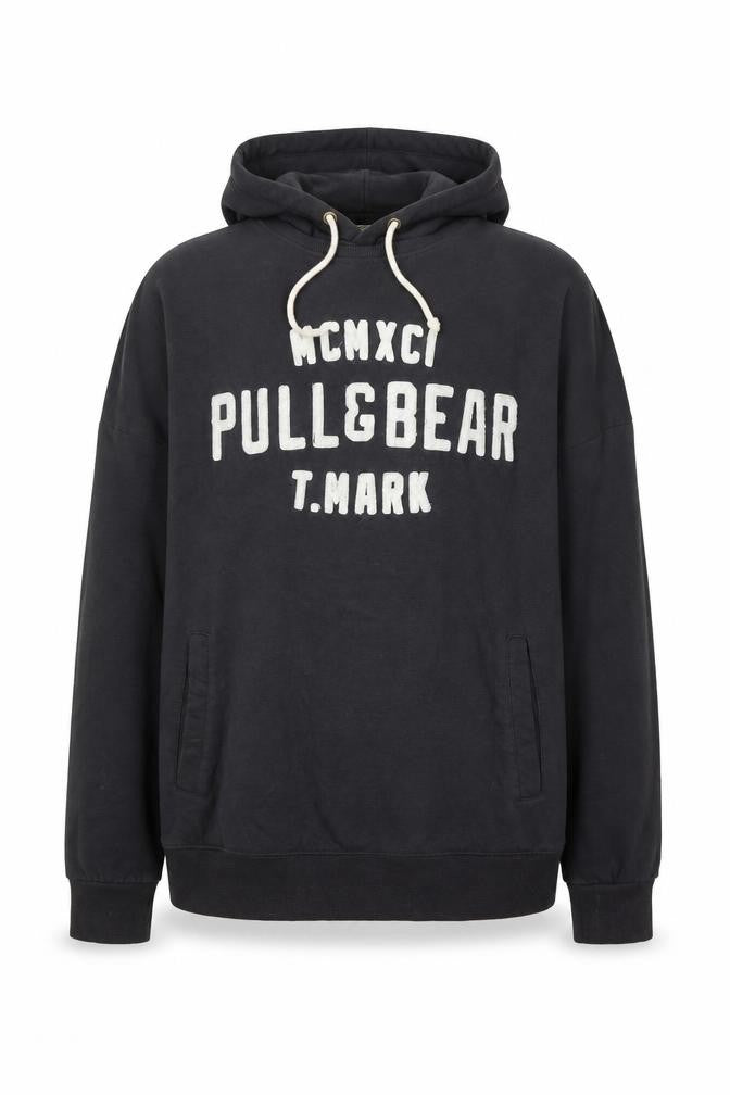 Pull&Bear Men’s Black Pullover Hoodie L Logo Graphic Sweatshirt