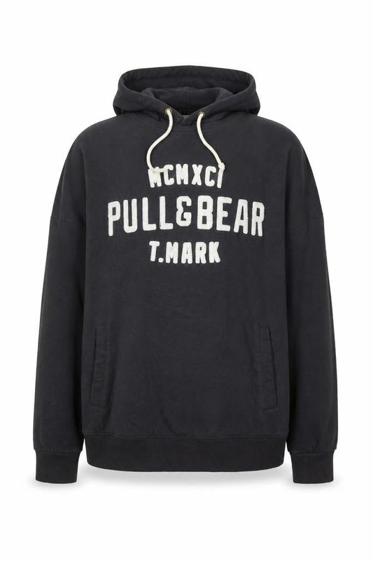 Pull&Bear Men’s Black Pullover Hoodie L Logo Graphic Sweatshirt
