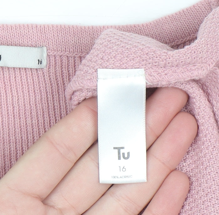 Tu Women Pink Acrylic Crew Neck 3/4 Sleeve Bow Jumper Size 16