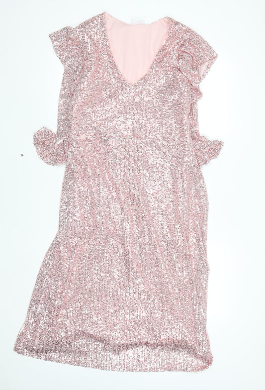 Savida Women’s Pink Sequin Fit & Flare Dress Size 16 Party V-Neck