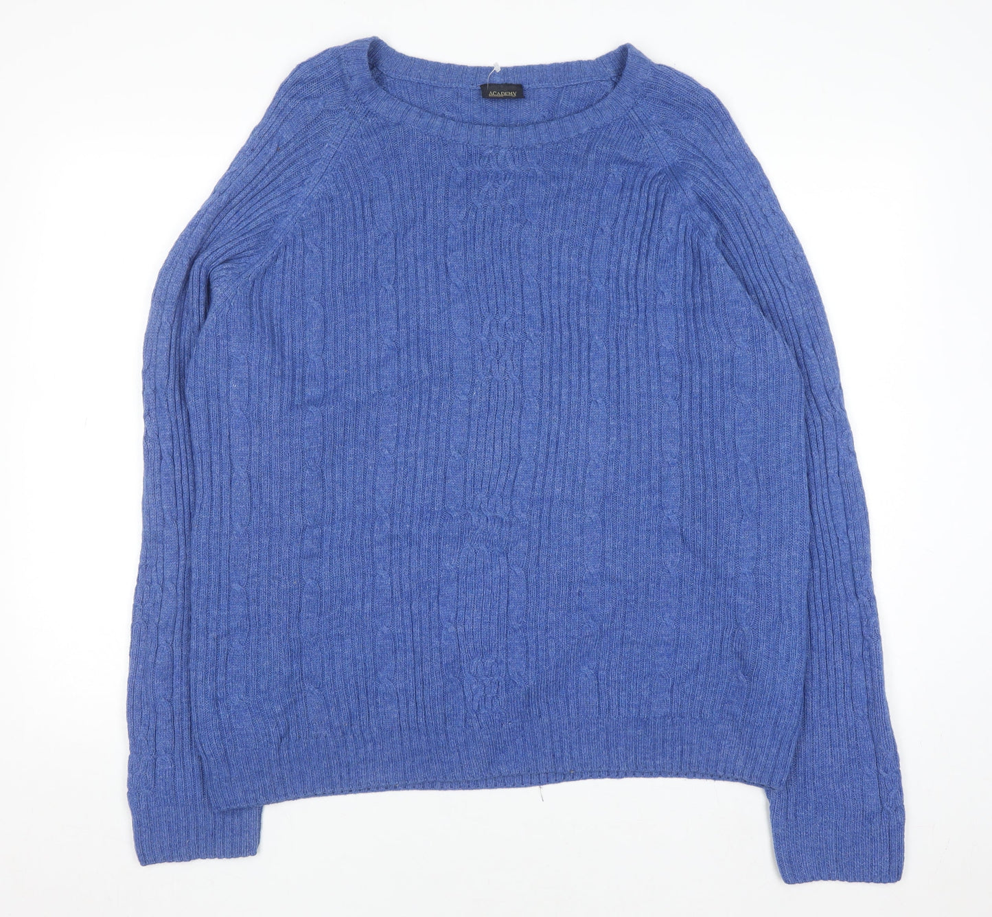 Academy Men's Blue Wool Blend Cable-Knit Crew Neck Jumper L